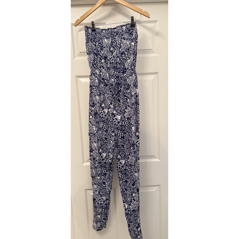 Lilly Pulitzer for Target Jumpsuit Womens S Blue White Strapless Fish Print Boho